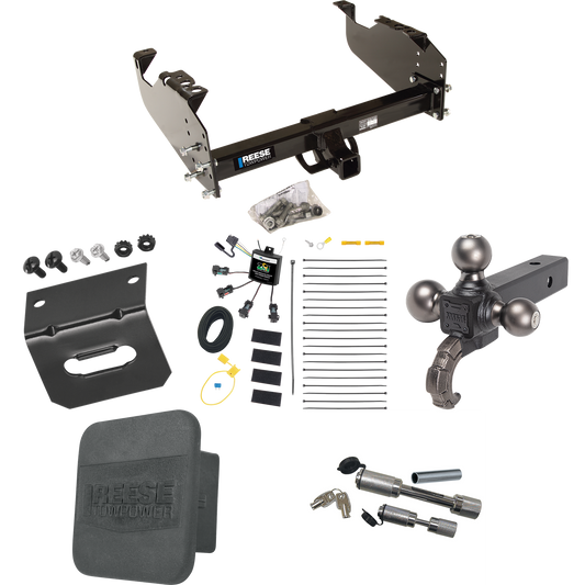 Fits 2008-2010 Dodge Ram 5500 Trailer Hitch Tow PKG w/ 4-Flat Zero Contact "No Splice" Wiring Harness + Triple Ball Ball Mount 1-7/8" & 2" & 2-5/16" Trailer Balls w/ Tow Hook + Dual Hitch & Coupler Locks + Hitch Cover + Wiring Bracket (For Cab & Chas