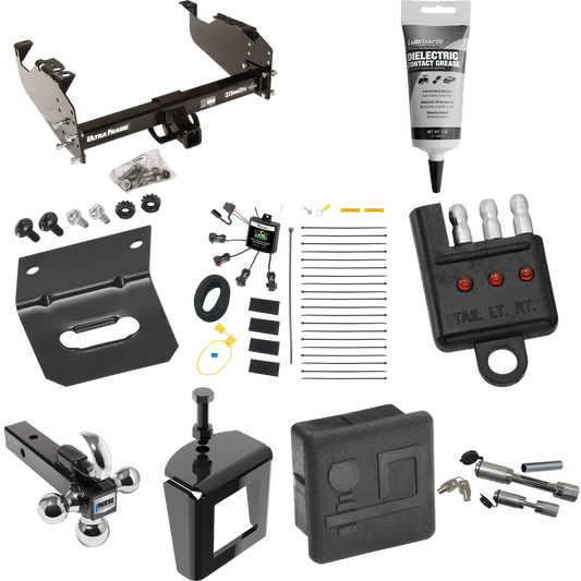 Fits 2008-2010 Dodge Ram 5500 Trailer Hitch Tow PKG w/ 4-Flat Zero Contact "No Splice" Wiring Harness + Triple Ball Ball Mount 1-7/8" & 2" & 2-5/16" Trailer Balls w/ Tow Hook + Dual Hitch & Coupler Locks + Hitch Cover + Wiring Bracket + Wiring Tester