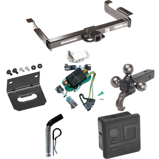 Fits 2000-2002 Chevrolet Express 1500 Trailer Hitch Tow PKG w/ 4-Flat Wiring Harness + Triple Ball Ball Mount 1-7/8" & 2" & 2-5/16" Trailer Balls w/ Tow Hook + Pin/Clip + Hitch Cover + Wiring Bracket By Draw-Tite