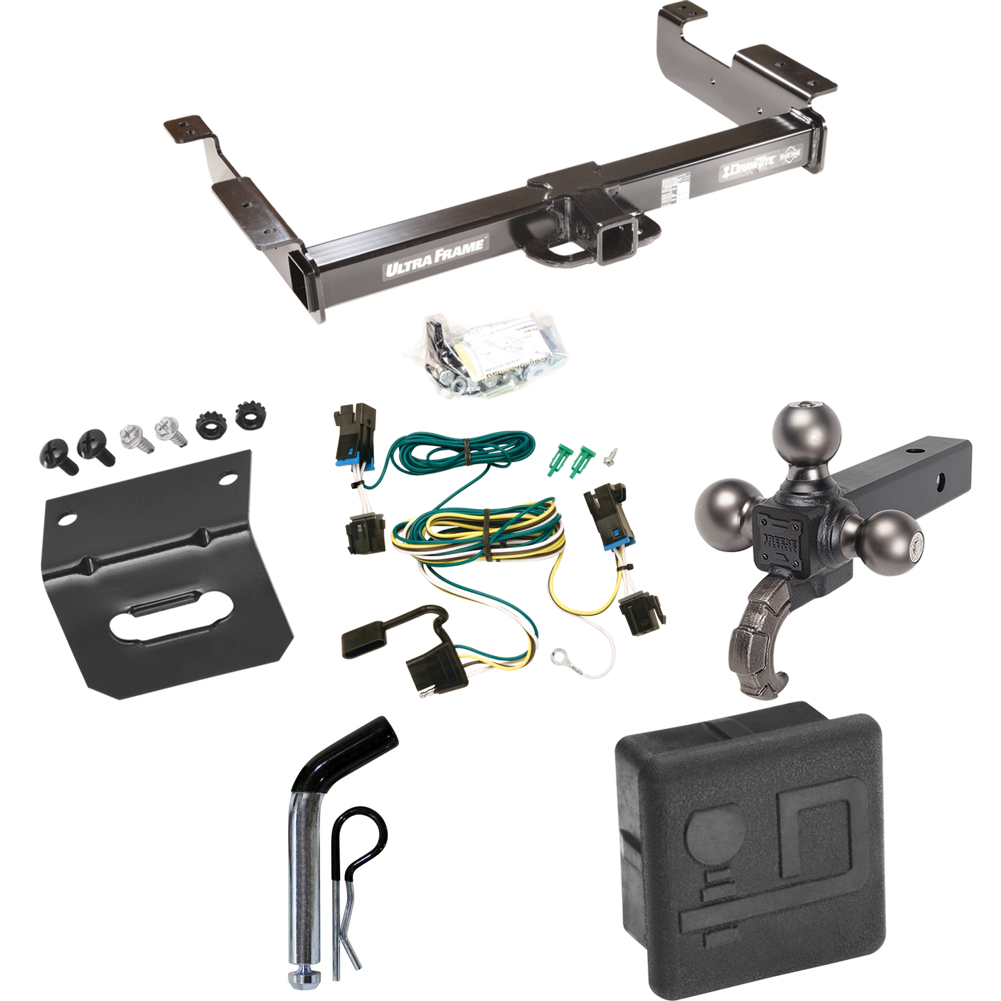 Fits 2003-2014 Chevrolet Express 1500 Trailer Hitch Tow PKG w/ 4-Flat Wiring Harness + Triple Ball Ball Mount 1-7/8" & 2" & 2-5/16" Trailer Balls w/ Tow Hook + Pin/Clip + Hitch Cover + Wiring Bracket By Draw-Tite