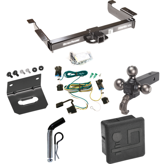 Fits 2003-2014 Chevrolet Express 1500 Trailer Hitch Tow PKG w/ 4-Flat Wiring Harness + Triple Ball Ball Mount 1-7/8" & 2" & 2-5/16" Trailer Balls w/ Tow Hook + Pin/Clip + Hitch Cover + Wiring Bracket By Draw-Tite