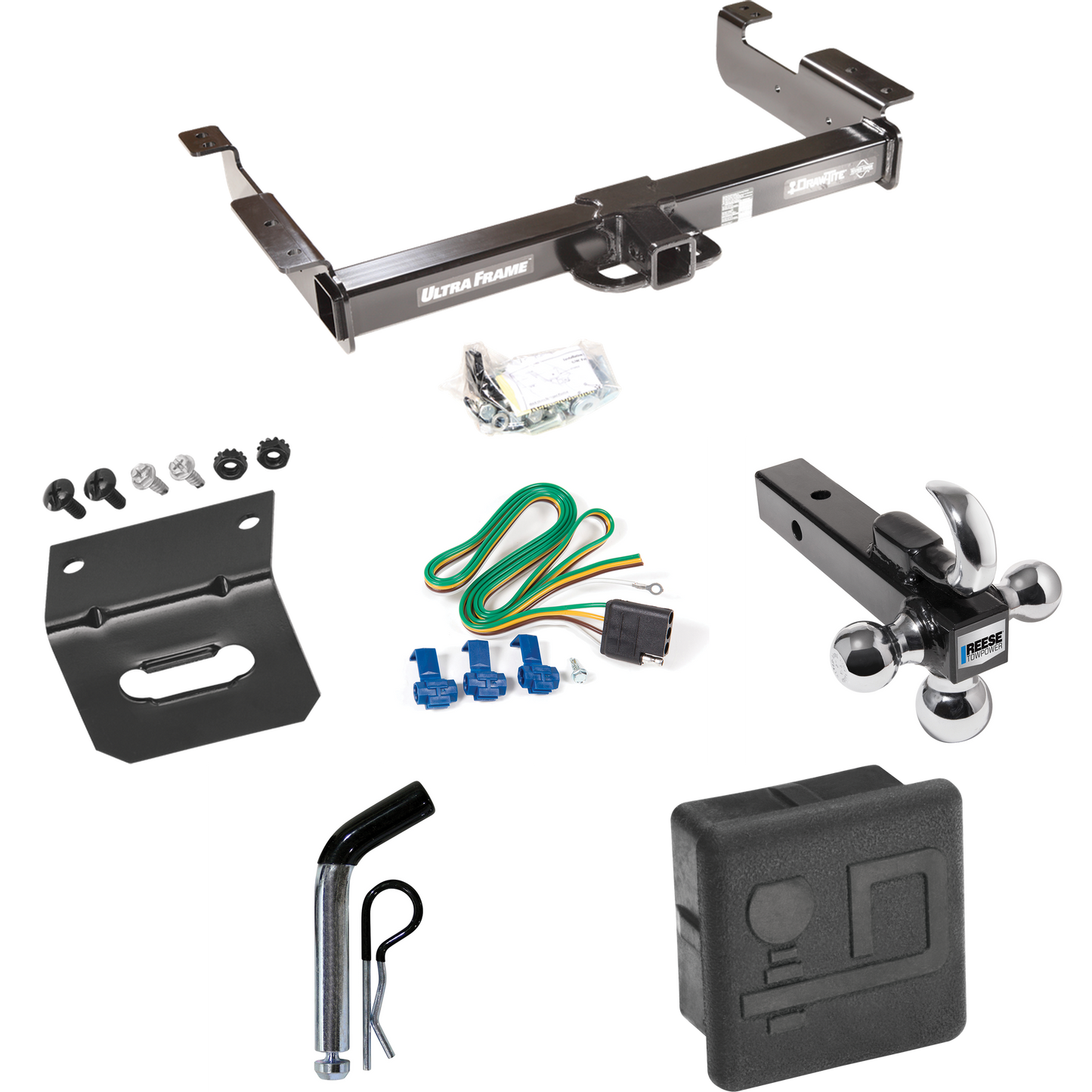 Fits 1996-1999 Chevrolet Express 1500 Trailer Hitch Tow PKG w/ 4-Flat Wiring Harness + Triple Ball Ball Mount 1-7/8" & 2" & 2-5/16" Trailer Balls w/ Tow Hook + Pin/Clip + Hitch Cover + Wiring Bracket By Draw-Tite