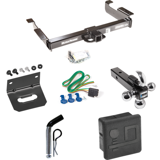 Fits 1996-1999 Chevrolet Express 1500 Trailer Hitch Tow PKG w/ 4-Flat Wiring Harness + Triple Ball Ball Mount 1-7/8" & 2" & 2-5/16" Trailer Balls w/ Tow Hook + Pin/Clip + Hitch Cover + Wiring Bracket By Draw-Tite