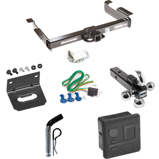 Fits 1996-1999 GMC Savana 2500 Trailer Hitch Tow PKG w/ 4-Flat Wiring Harness + Triple Ball Ball Mount 1-7/8" & 2" & 2-5/16" Trailer Balls w/ Tow Hook + Pin/Clip + Hitch Cover + Wiring Bracket By Draw-Tite