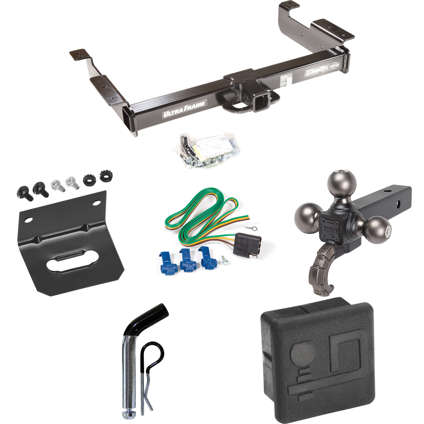 Fits 1996-1999 Chevrolet Express 1500 Trailer Hitch Tow PKG w/ 4-Flat Wiring Harness + Triple Ball Ball Mount 1-7/8" & 2" & 2-5/16" Trailer Balls w/ Tow Hook + Pin/Clip + Hitch Cover + Wiring Bracket By Draw-Tite