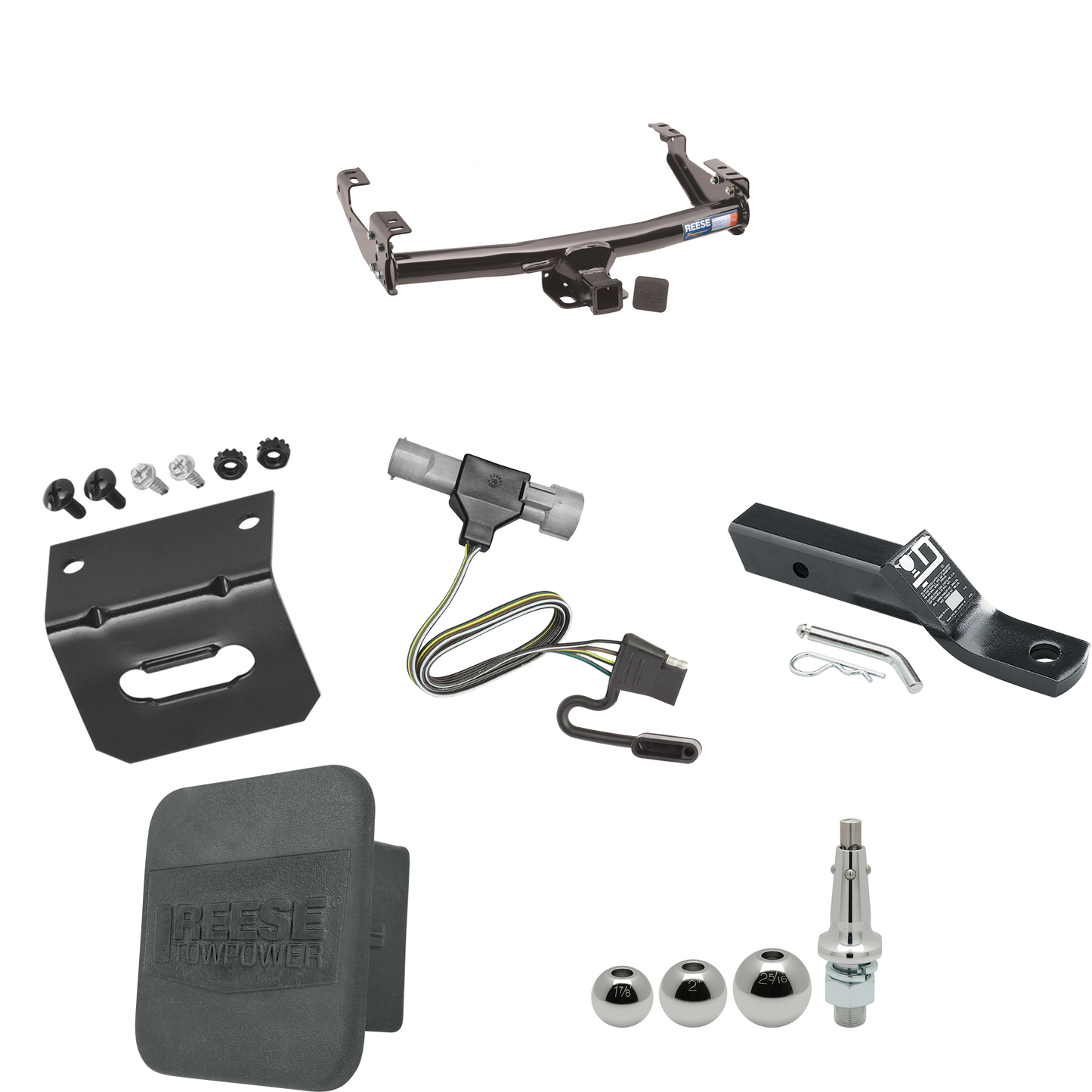 Fits 1987-1996 Ford F-350 Trailer Hitch Tow PKG w/ 4-Flat Wiring + Ball Mount w/ 2" Drop + Interchangeable Ball 1-7/8" & 2" & 2-5/16" + Wiring Bracket + Hitch Cover By Reese Towpower