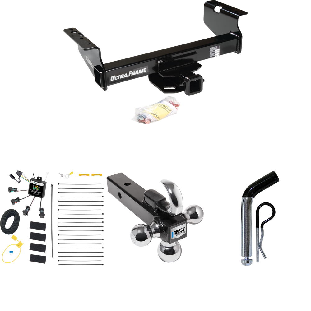 Fits 2007-2024 GMC Sierra 3500 HD Trailer Hitch Tow PKG w/ 4-Flat Zero Contact "No Splice" Wiring Harness + Triple Ball Ball Mount 1-7/8" & 2" & 2-5/16" Trailer Balls w/ Tow Hook + Pin/Clip (For Cab & Chassis, w/34" Wide Frames Models) By Draw-Tite