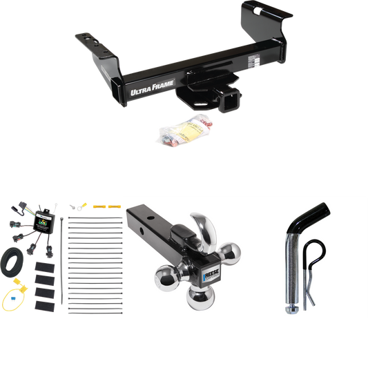 Fits 2007-2024 GMC Sierra 3500 HD Trailer Hitch Tow PKG w/ 4-Flat Zero Contact "No Splice" Wiring Harness + Triple Ball Ball Mount 1-7/8" & 2" & 2-5/16" Trailer Balls w/ Tow Hook + Pin/Clip (For Cab & Chassis, w/34" Wide Frames Models) By Draw-Tite