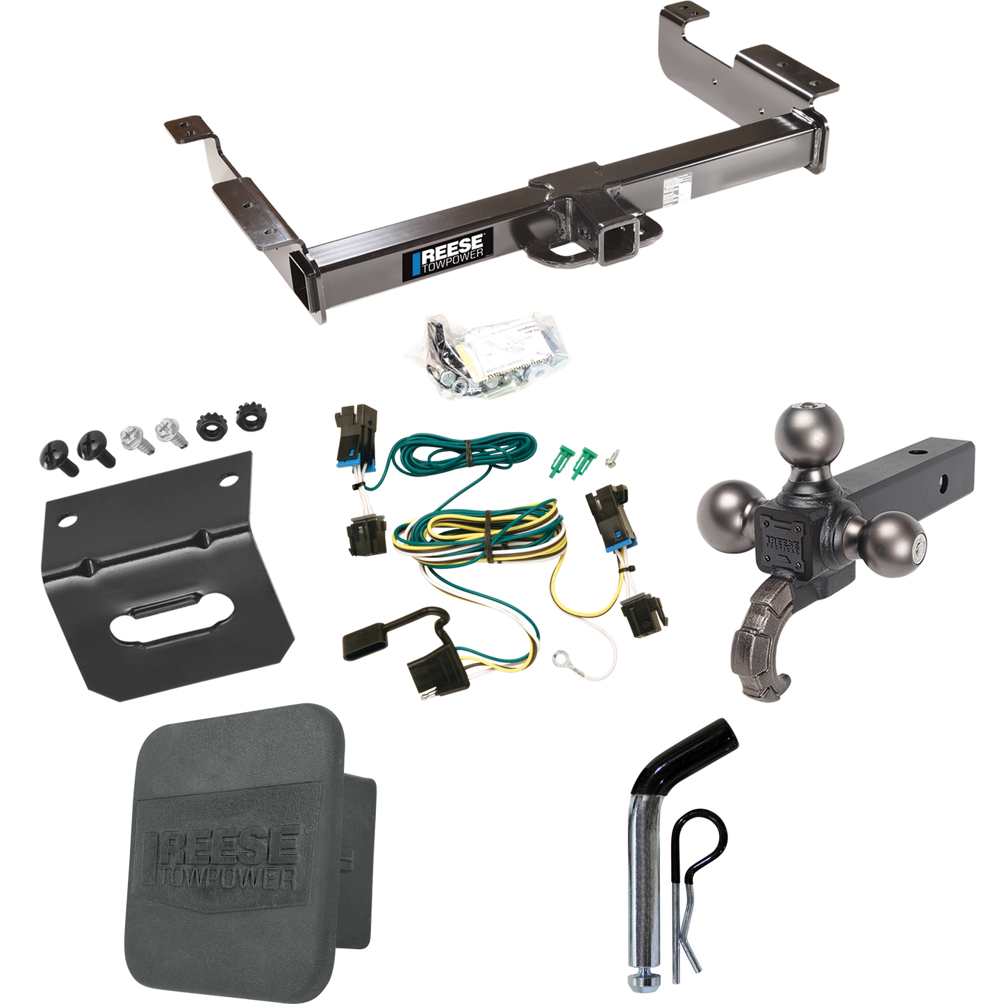 Fits 2003-2014 GMC Savana 1500 Trailer Hitch Tow PKG w/ 4-Flat Wiring Harness + Triple Ball Ball Mount 1-7/8" & 2" & 2-5/16" Trailer Balls w/ Tow Hook + Pin/Clip + Hitch Cover + Wiring Bracket By Reese Towpower