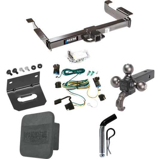 Fits 2003-2014 GMC Savana 1500 Trailer Hitch Tow PKG w/ 4-Flat Wiring Harness + Triple Ball Ball Mount 1-7/8" & 2" & 2-5/16" Trailer Balls w/ Tow Hook + Pin/Clip + Hitch Cover + Wiring Bracket By Reese Towpower