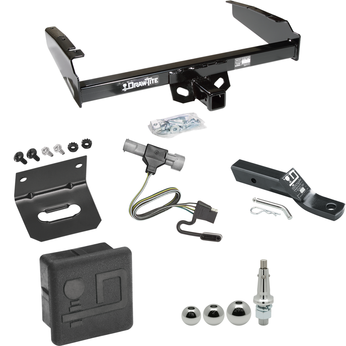 Fits 1987-1996 Ford F-150 Trailer Hitch Tow PKG w/ 4-Flat Wiring + Ball Mount w/ 2" Drop + Interchangeable Ball 1-7/8" & 2" & 2-5/16" + Wiring Bracket + Hitch Cover By Draw-Tite