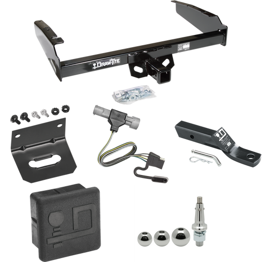 Fits 1987-1996 Ford F-150 Trailer Hitch Tow PKG w/ 4-Flat Wiring + Ball Mount w/ 2" Drop + Interchangeable Ball 1-7/8" & 2" & 2-5/16" + Wiring Bracket + Hitch Cover By Draw-Tite