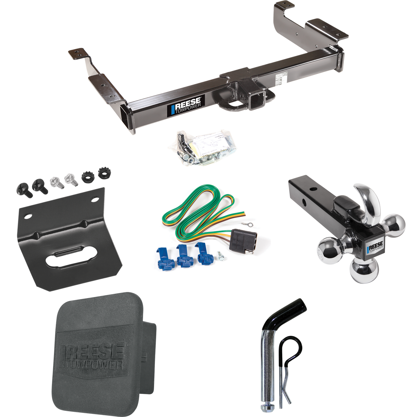 Fits 1996-1999 GMC Savana 3500 Trailer Hitch Tow PKG w/ 4-Flat Wiring Harness + Triple Ball Ball Mount 1-7/8" & 2" & 2-5/16" Trailer Balls w/ Tow Hook + Pin/Clip + Hitch Cover + Wiring Bracket By Reese Towpower