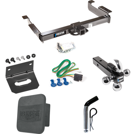 Fits 1996-1999 GMC Savana 3500 Trailer Hitch Tow PKG w/ 4-Flat Wiring Harness + Triple Ball Ball Mount 1-7/8" & 2" & 2-5/16" Trailer Balls w/ Tow Hook + Pin/Clip + Hitch Cover + Wiring Bracket By Reese Towpower