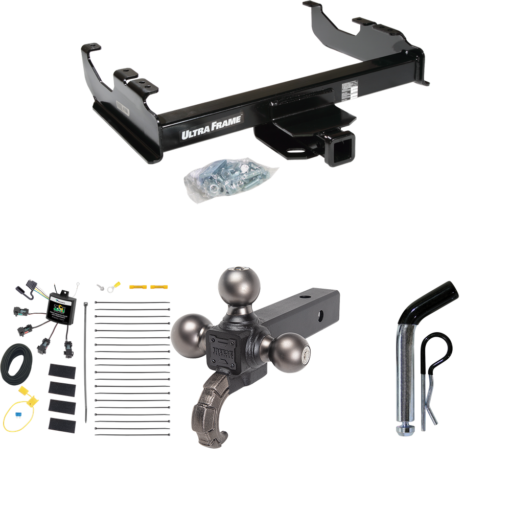 Fits 2001-2007 Chevrolet Silverado 3500 Trailer Hitch Tow PKG w/ 4-Flat Zero Contact "No Splice" Wiring Harness + Triple Ball Ball Mount 1-7/8" & 2" & 2-5/16" Trailer Balls w/ Tow Hook + Pin/Clip (For (Classic), Cab & Chassis, w/34" Wide Frames Model