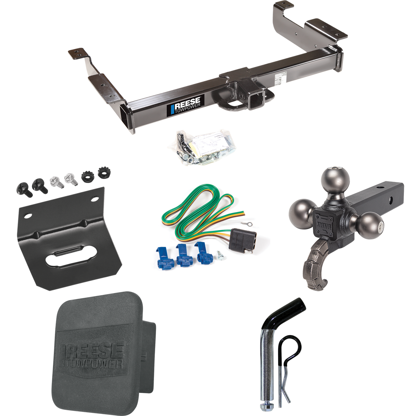 Fits 1996-1999 GMC Savana 2500 Trailer Hitch Tow PKG w/ 4-Flat Wiring Harness + Triple Ball Ball Mount 1-7/8" & 2" & 2-5/16" Trailer Balls w/ Tow Hook + Pin/Clip + Hitch Cover + Wiring Bracket By Reese Towpower