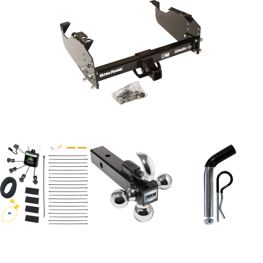 Fits 2001-2007 GMC Sierra 3500 Trailer Hitch Tow PKG w/ 4-Flat Zero Contact "No Splice" Wiring Harness + Triple Ball Ball Mount 1-7/8" & 2" & 2-5/16" Trailer Balls w/ Tow Hook + Pin/Clip (For (Classic), Cab & Chassis, w/34" Wide Frames Models) By Dra