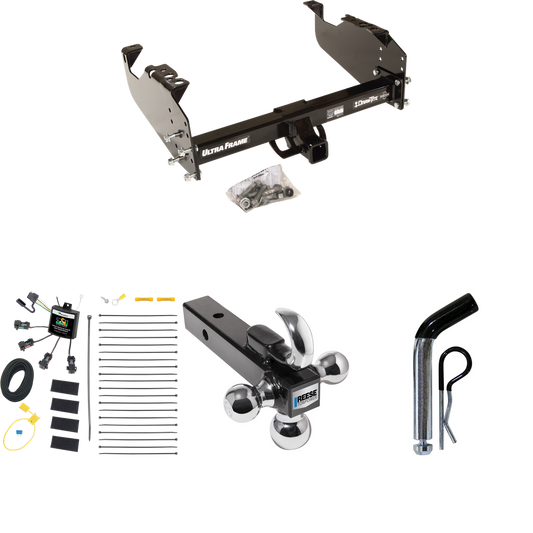 Fits 2001-2007 GMC Sierra 3500 Trailer Hitch Tow PKG w/ 4-Flat Zero Contact "No Splice" Wiring Harness + Triple Ball Ball Mount 1-7/8" & 2" & 2-5/16" Trailer Balls w/ Tow Hook + Pin/Clip (For (Classic), Cab & Chassis, w/34" Wide Frames Models) By Dra