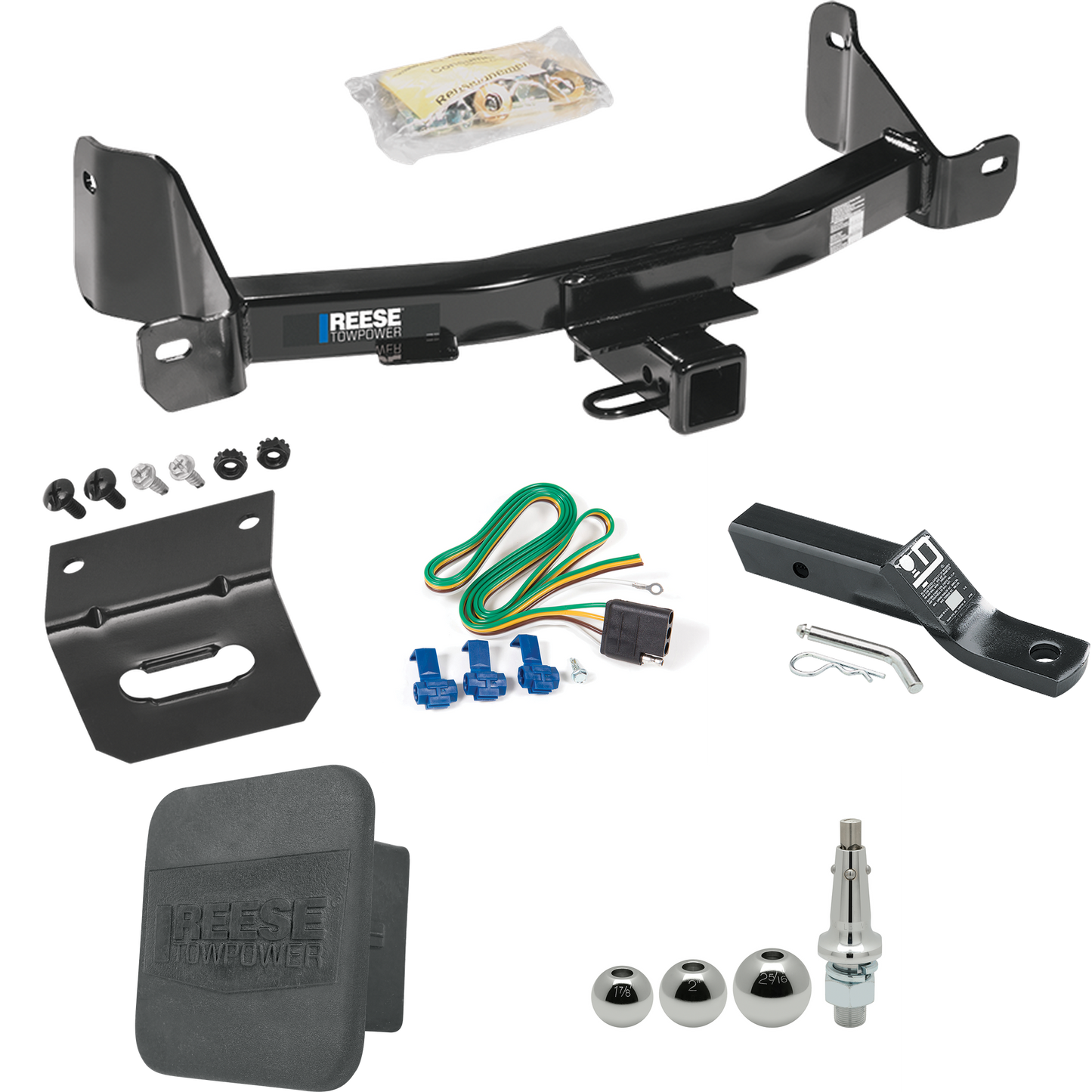 Fits 2009-2014 Ford F-150 Trailer Hitch Tow PKG w/ 4-Flat Wiring + Ball Mount w/ 2" Drop + Interchangeable Ball 1-7/8" & 2" & 2-5/16" + Wiring Bracket + Hitch Cover By Reese Towpower