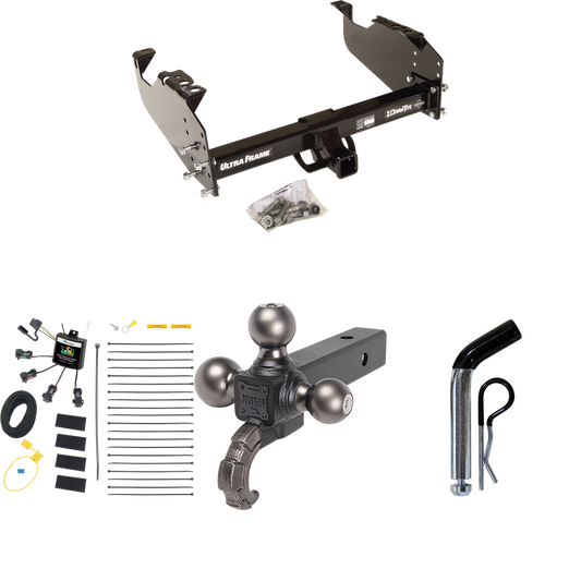 Fits 2020-2021 Ford F-550 Super Duty Trailer Hitch Tow PKG w/ 4-Flat Zero Contact "No Splice" Wiring Harness + Triple Ball Ball Mount 1-7/8" & 2" & 2-5/16" Trailer Balls w/ Tow Hook + Pin/Clip (For Cab & Chassis, w/34" Wide Frames Models) By Draw-Tit