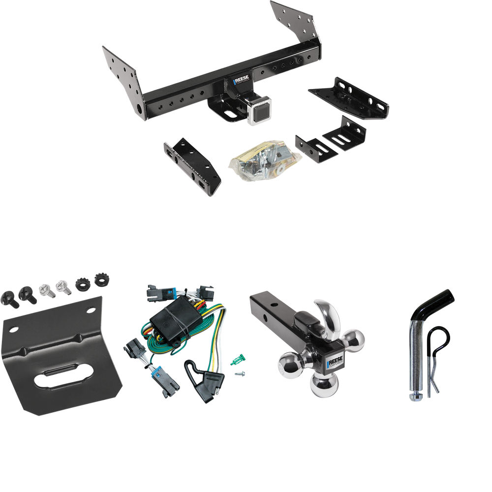 Fits 2000-2002 Chevrolet Express 2500 Trailer Hitch Tow PKG w/ 4-Flat Wiring Harness + Triple Ball Ball Mount 1-7/8" & 2" & 2-5/16" Trailer Balls w/ Tow Hook + Pin/Clip + Wiring Bracket By Reese Towpower