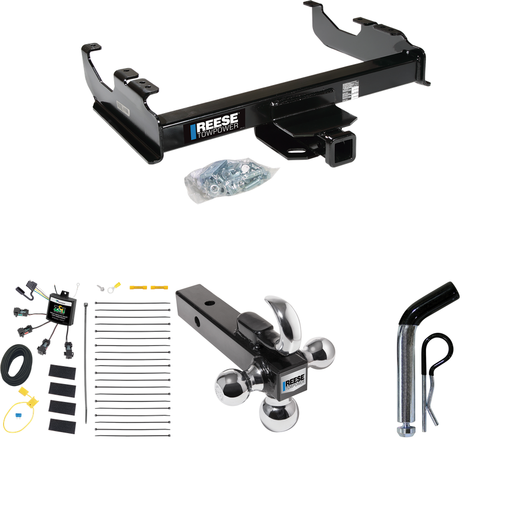 Fits 2007-2019 Chevrolet Silverado 3500 HD Trailer Hitch Tow PKG w/ 4-Flat Zero Contact "No Splice" Wiring Harness + Triple Ball Ball Mount 1-7/8" & 2" & 2-5/16" Trailer Balls w/ Tow Hook + Pin/Clip (For Cab & Chassis, w/34" Wide Frames Models) By Re