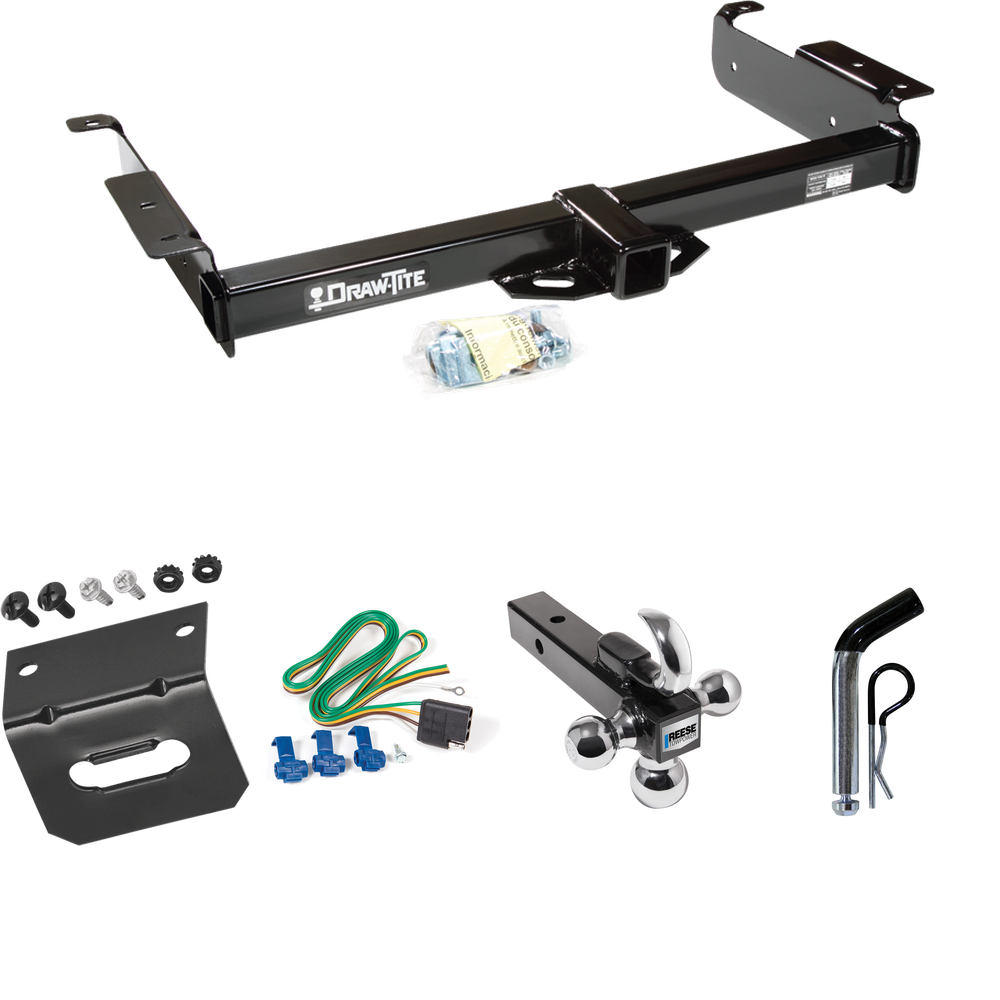 Fits 1996-1999 GMC Savana 3500 Trailer Hitch Tow PKG w/ 4-Flat Wiring Harness + Triple Ball Ball Mount 1-7/8" & 2" & 2-5/16" Trailer Balls w/ Tow Hook + Pin/Clip + Wiring Bracket By Draw-Tite