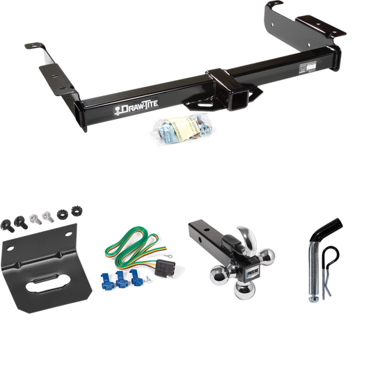 Fits 1996-1999 GMC Savana 3500 Trailer Hitch Tow PKG w/ 4-Flat Wiring Harness + Triple Ball Ball Mount 1-7/8" & 2" & 2-5/16" Trailer Balls w/ Tow Hook + Pin/Clip + Wiring Bracket By Draw-Tite