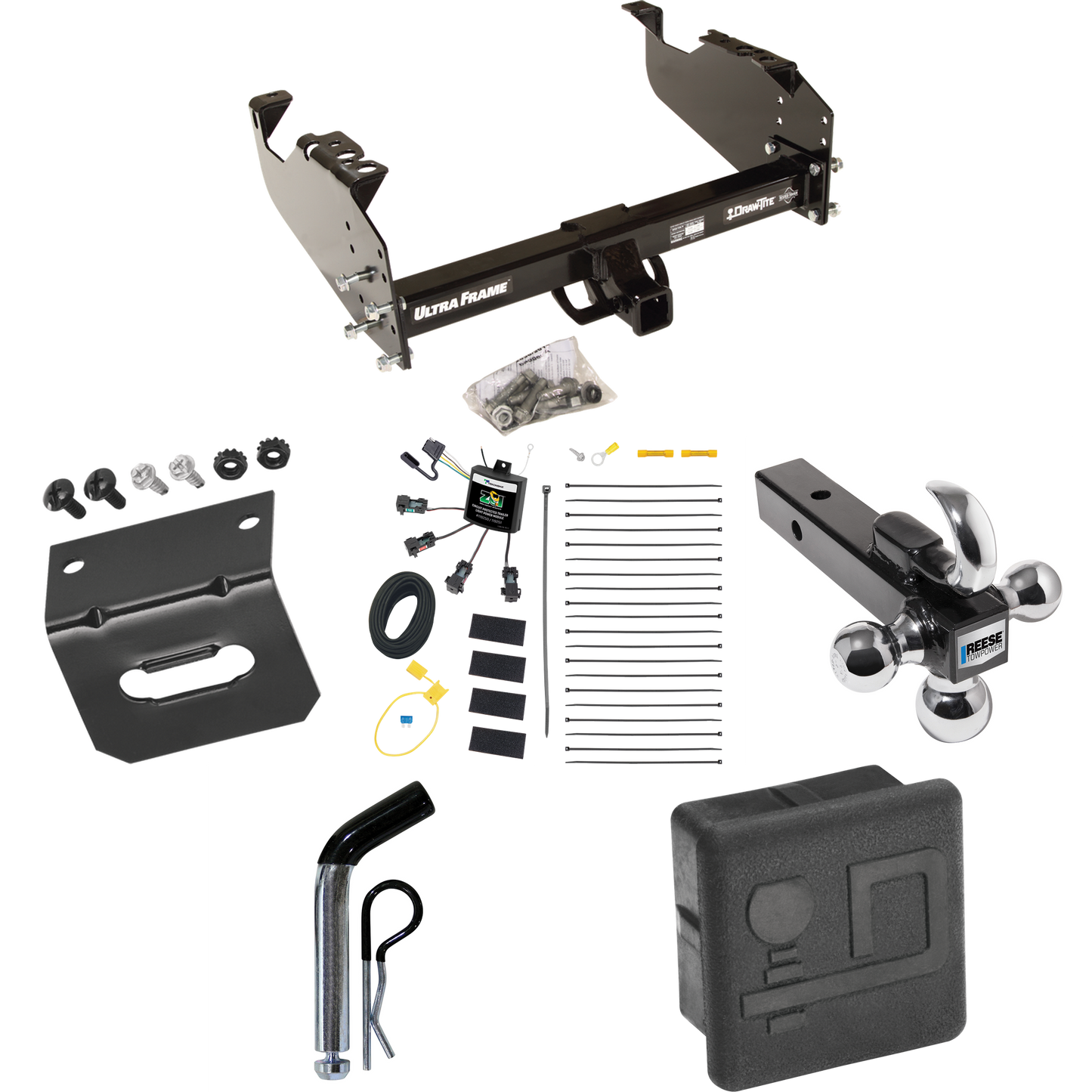 Fits 2008-2009 Sterling Truck Bullet 45 Trailer Hitch Tow PKG w/ 4-Flat Zero Contact "No Splice" Wiring Harness + Triple Ball Ball Mount 1-7/8" & 2" & 2-5/16" Trailer Balls w/ Tow Hook + Pin/Clip + Hitch Cover + Wiring Bracket (For w/34" Wide Frames