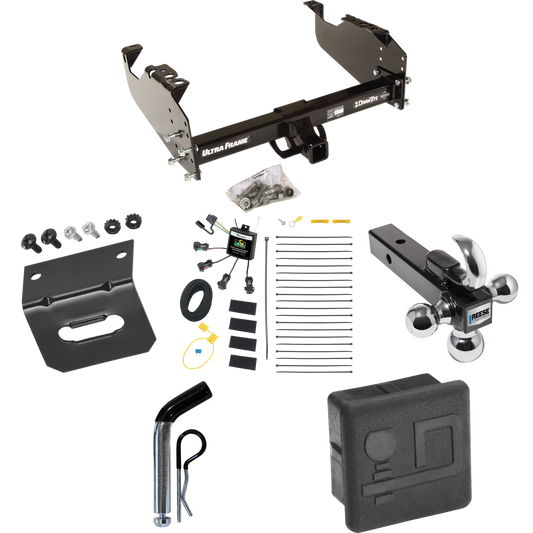 Fits 2008-2010 Dodge Ram 4500 Trailer Hitch Tow PKG w/ 4-Flat Zero Contact "No Splice" Wiring Harness + Triple Ball Ball Mount 1-7/8" & 2" & 2-5/16" Trailer Balls w/ Tow Hook + Pin/Clip + Hitch Cover + Wiring Bracket (For Cab & Chassis, w/34" Wide Fr