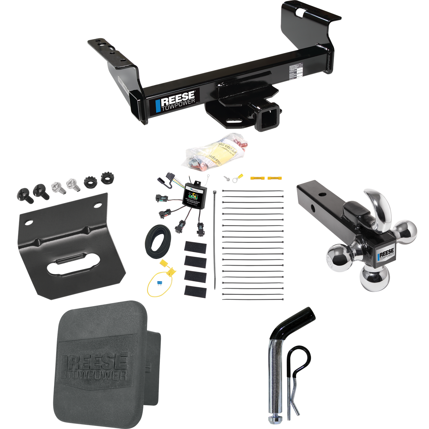 Fits 2011-2012 RAM 3500 Trailer Hitch Tow PKG w/ 4-Flat Zero Contact "No Splice" Wiring Harness + Triple Ball Ball Mount 1-7/8" & 2" & 2-5/16" Trailer Balls w/ Tow Hook + Pin/Clip + Hitch Cover + Wiring Bracket (For Cab & Chassis, w/34" Wide Frames M