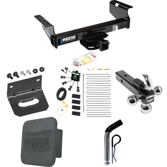 Fits 2011-2012 RAM 3500 Trailer Hitch Tow PKG w/ 4-Flat Zero Contact "No Splice" Wiring Harness + Triple Ball Ball Mount 1-7/8" & 2" & 2-5/16" Trailer Balls w/ Tow Hook + Pin/Clip + Hitch Cover + Wiring Bracket (For Cab & Chassis, w/34" Wide Frames M