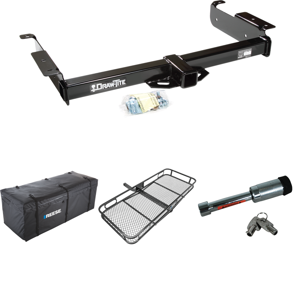 Fits 1996-2023 GMC Savana 3500 Trailer Hitch Tow PKG w/ 60" x 24" Cargo Carrier + Cargo Bag + Hitch Lock By Draw-Tite