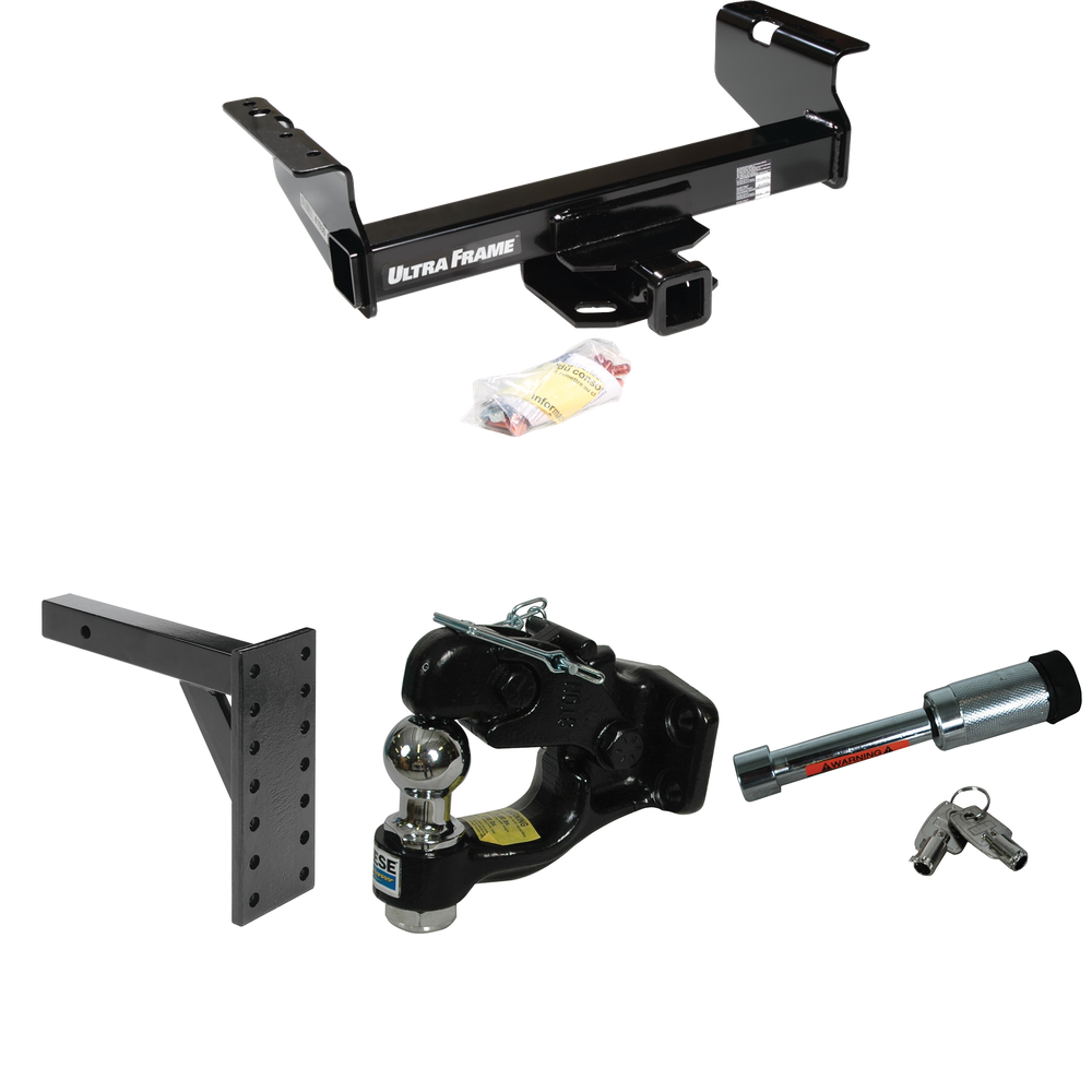 Fits 2007-2024 GMC Sierra 3500 HD Trailer Hitch Tow PKG w/ 7 Hole Pintle Hook Mounting Plate + Pintle Hook & 1-7/8" Ball Combination + Hitch Lock (For Cab & Chassis, w/34" Wide Frames Models) By Draw-Tite