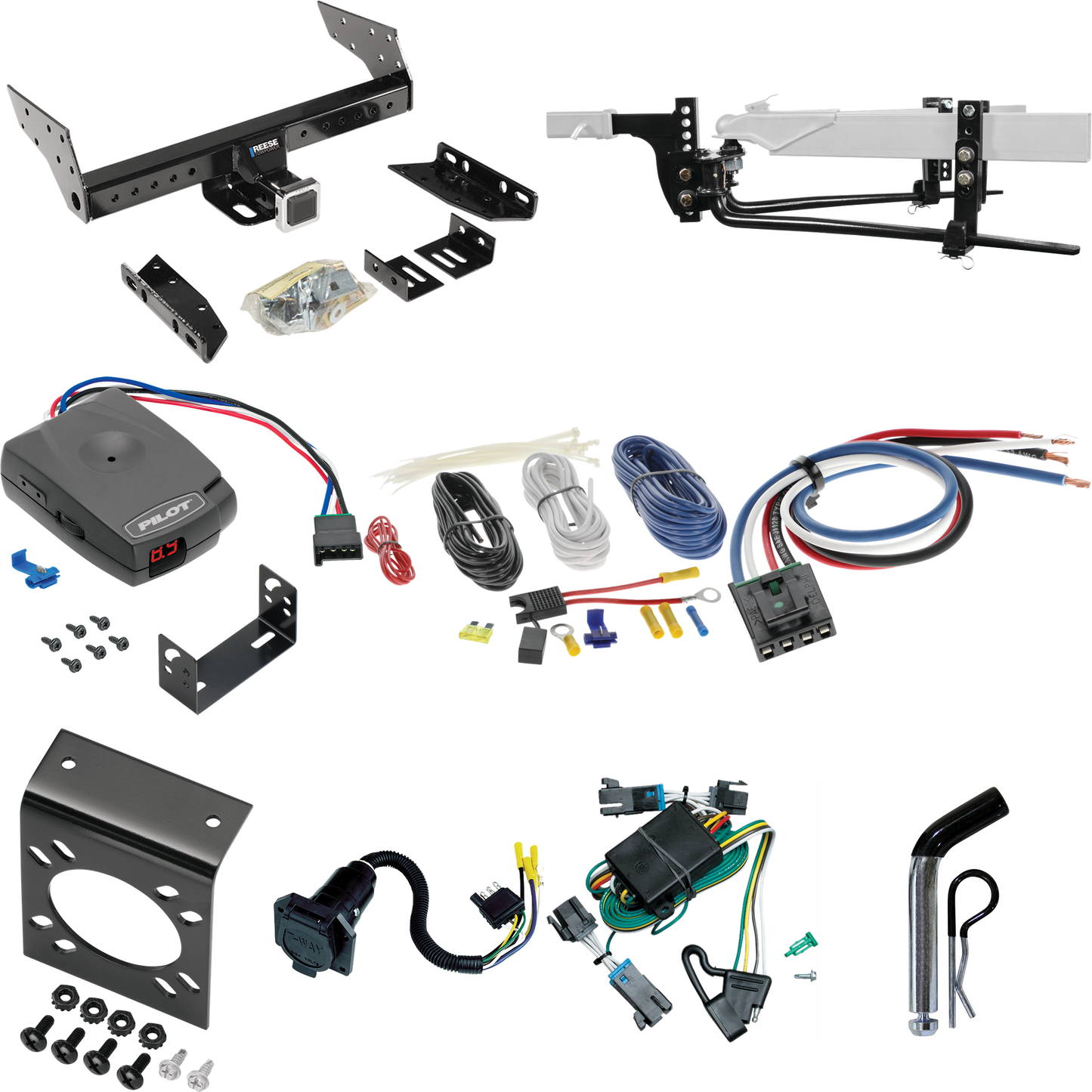 Fits 2000-2002 Chevrolet Express 2500 Trailer Hitch Tow PKG w/ 6K Round Bar Weight Distribution Hitch w/ 2-5/16" Ball + Pin/Clip + Pro Series Pilot Brake Control + Generic BC Wiring Adapter + 7-Way RV Wiring By Reese Towpower