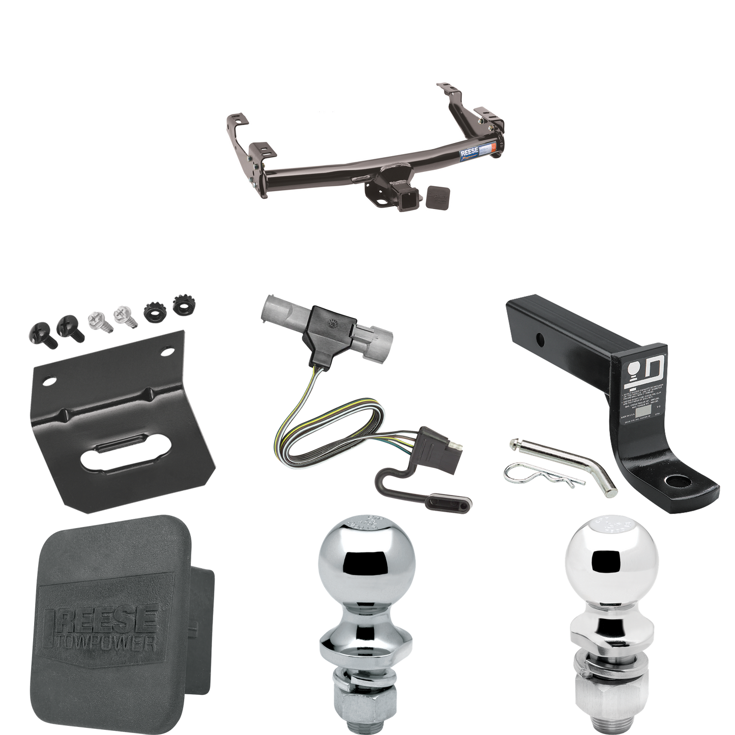 Fits 1987-1996 Ford F-350 Trailer Hitch Tow PKG w/ 4-Flat Wiring + Ball Mount w/ 4" Drop + 2" Ball + 1-7/8" Ball + Wiring Bracket + Hitch Cover By Reese Towpower