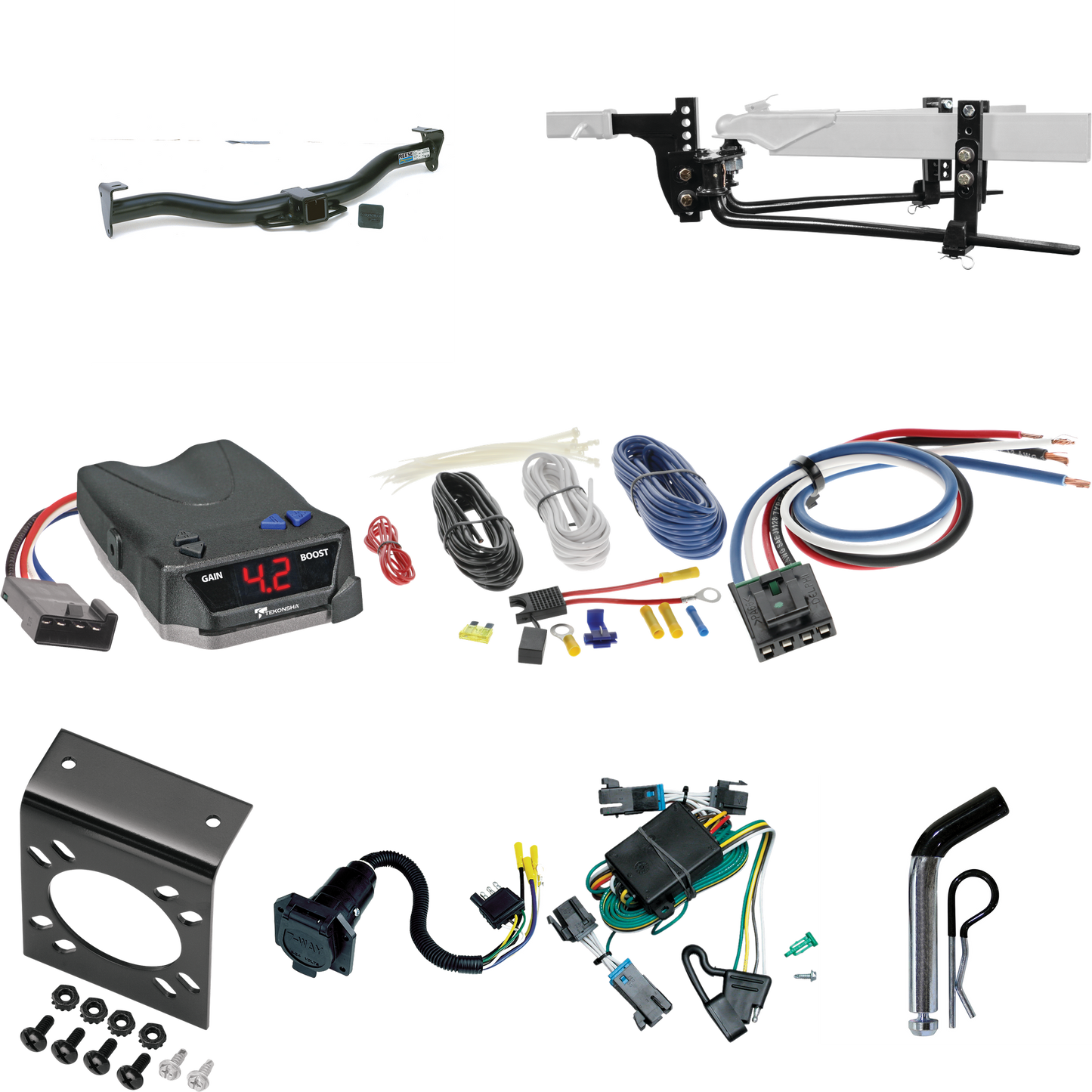 Fits 2000-2002 Chevrolet Express 3500 Trailer Hitch Tow PKG w/ 6K Round Bar Weight Distribution Hitch w/ 2-5/16" Ball + Pin/Clip + Tekonsha BRAKE-EVN Brake Control + Generic BC Wiring Adapter + 7-Way RV Wiring By Reese Towpower