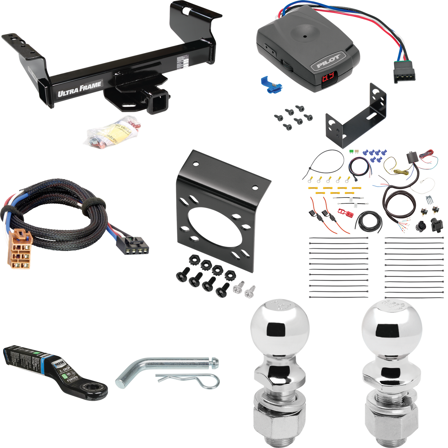 Fits 2001-2002 Chevrolet Silverado 3500 Trailer Hitch Tow PKG w/ Pro Series Pilot Brake Control + Plug & Play BC Adapter + 7-Way RV Wiring + 2" & 2-5/16" Ball & Drop Mount (For (Classic), Cab & Chassis, w/34" Wide Frames Models) By Draw-Tite