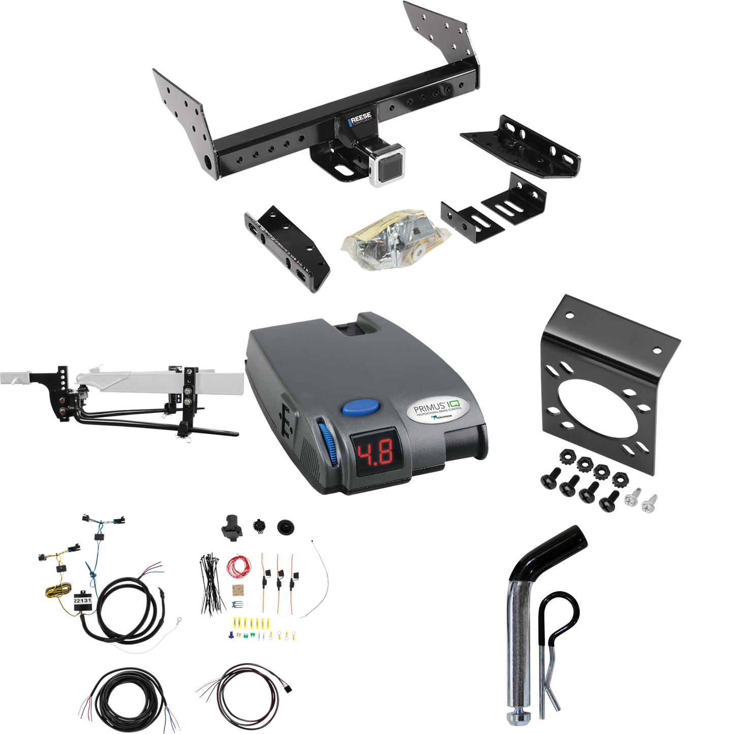 Fits 2003-2014 Chevrolet Express 1500 Trailer Hitch Tow PKG w/ 6K Round Bar Weight Distribution Hitch w/ 2-5/16" Ball + Pin/Clip + Tekonsha Primus IQ Brake Control + 7-Way RV Wiring By Reese Towpower