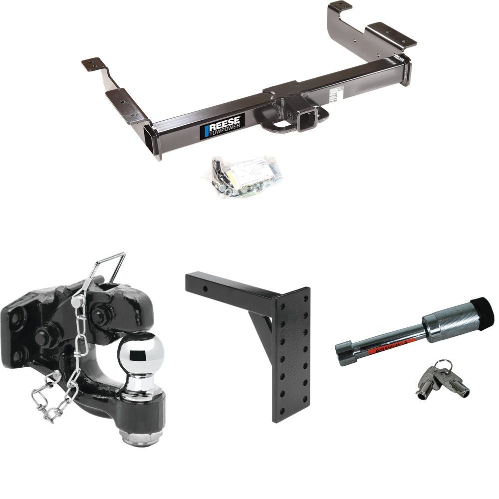 Fits 1996-2014 Chevrolet Express 1500 Trailer Hitch Tow PKG w/ 7 Hole Pintle Hook Mounting Plate + Pintle Hook & 2" Ball Combination + Hitch Lock By Reese Towpower