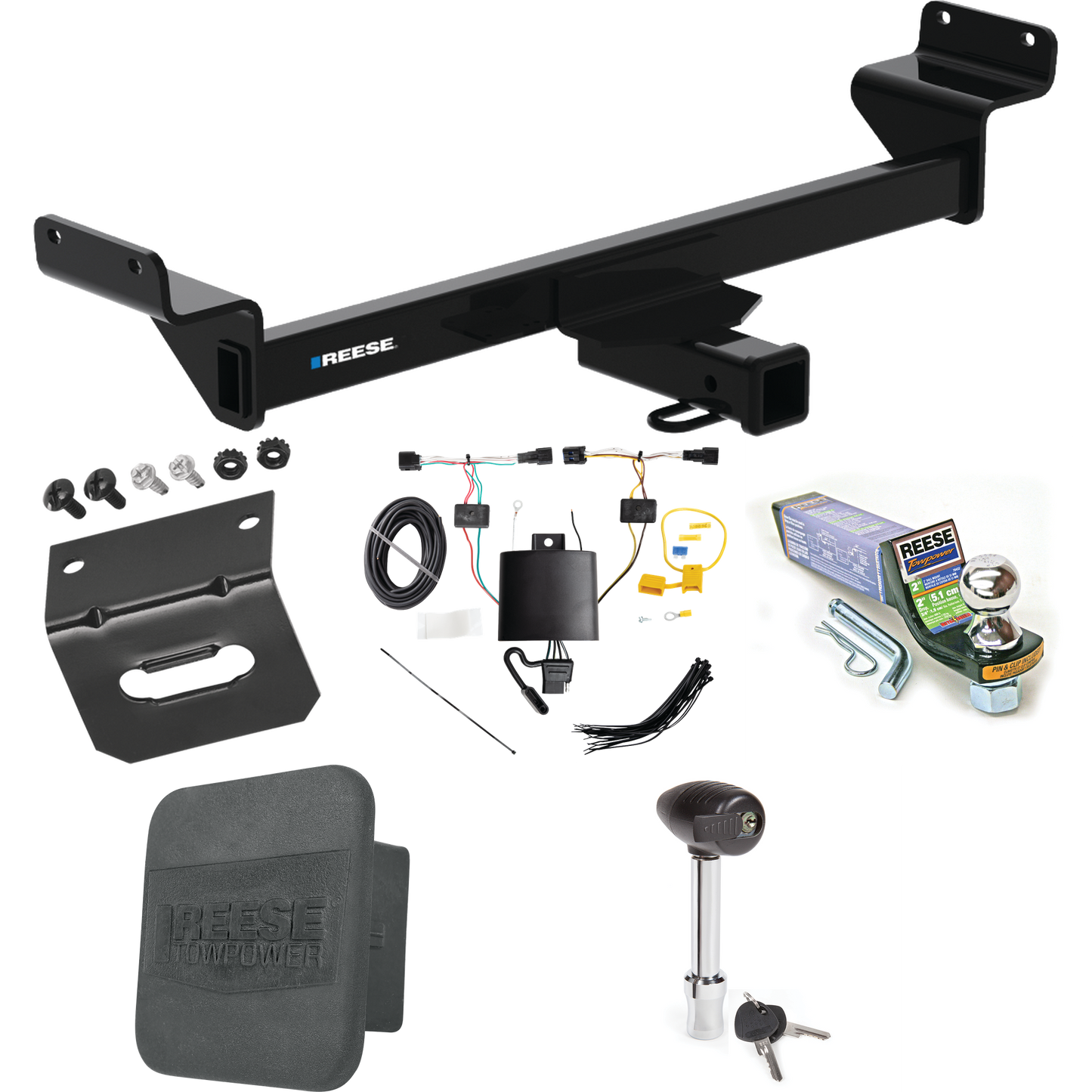 Fits 2023-2023 KIA Sportage Trailer Hitch Tow PKG w/ 4-Flat Wiring + Starter Kit Ball Mount w/ 2" Drop & 1-7/8" Ball + Wiring Bracket + Hitch Lock + Hitch Cover By Reese Towpower