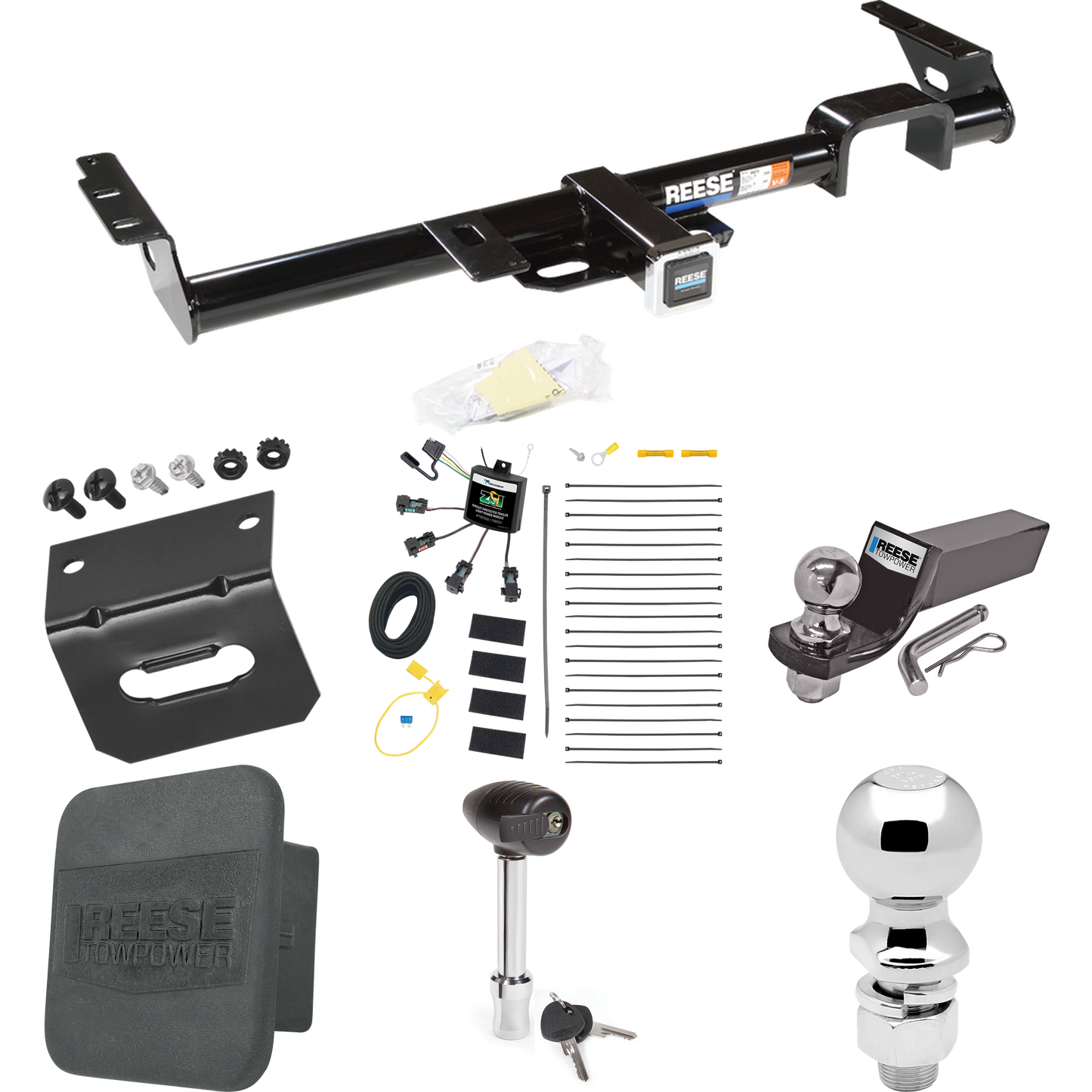 Fits 1999-2003 Lexus RX300 Trailer Hitch Tow PKG w/ 4-Flat Zero Contact "No Splice" Wiring + Starter Kit Ball Mount w/ 2" Drop & 2" Ball + 2-5/16" Ball + Wiring Bracket + Hitch Lock + Hitch Cover By Reese Towpower