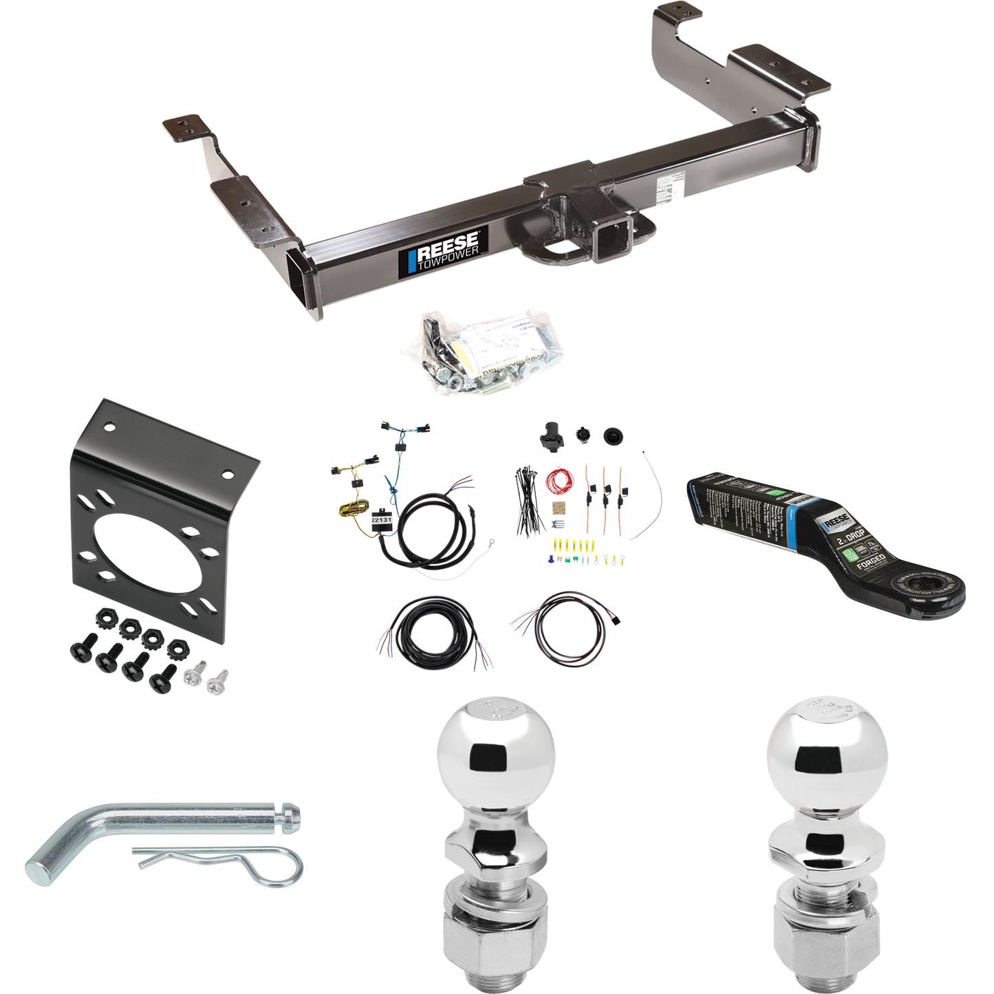 Fits 2003-2023 GMC Savana 2500 Trailer Hitch Tow PKG w/ 7-Way RV Wiring + 2" & 2-5/16" Ball + Drop Mount By Reese Towpower