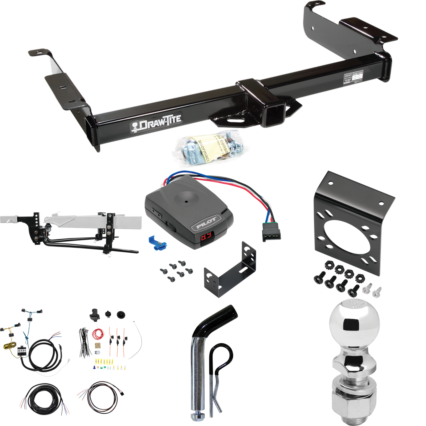 Fits 2003-2014 GMC Savana 1500 Trailer Hitch Tow PKG w/ 8K Round Bar Weight Distribution Hitch w/ 2-5/16" Ball + 2" Ball + Pin/Clip + Pro Series Pilot Brake Control + 7-Way RV Wiring By Draw-Tite