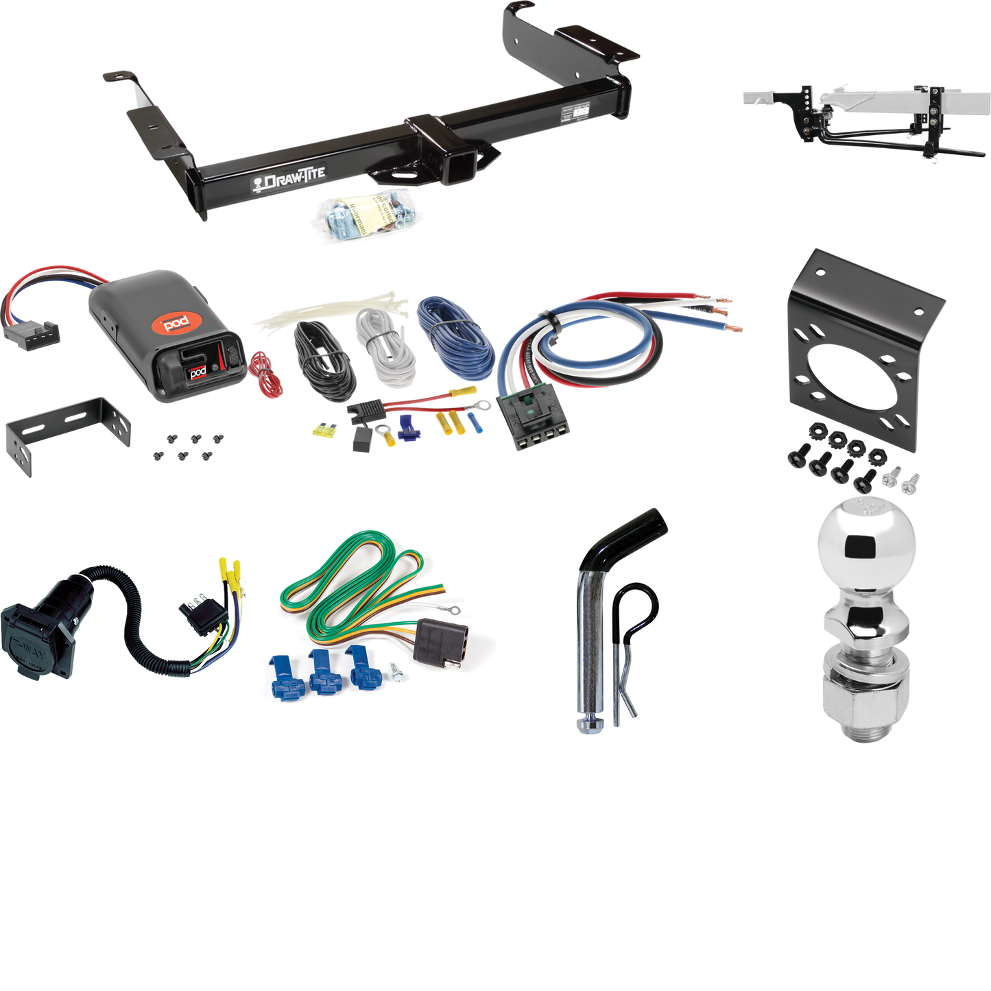 Fits 1996-1999 Chevrolet Express 1500 Trailer Hitch Tow PKG w/ 8K Round Bar Weight Distribution Hitch w/ 2-5/16" Ball + 2" Ball + Pin/Clip + Pro Series POD Brake Control + Generic BC Wiring Adapter + 7-Way RV Wiring By Draw-Tite