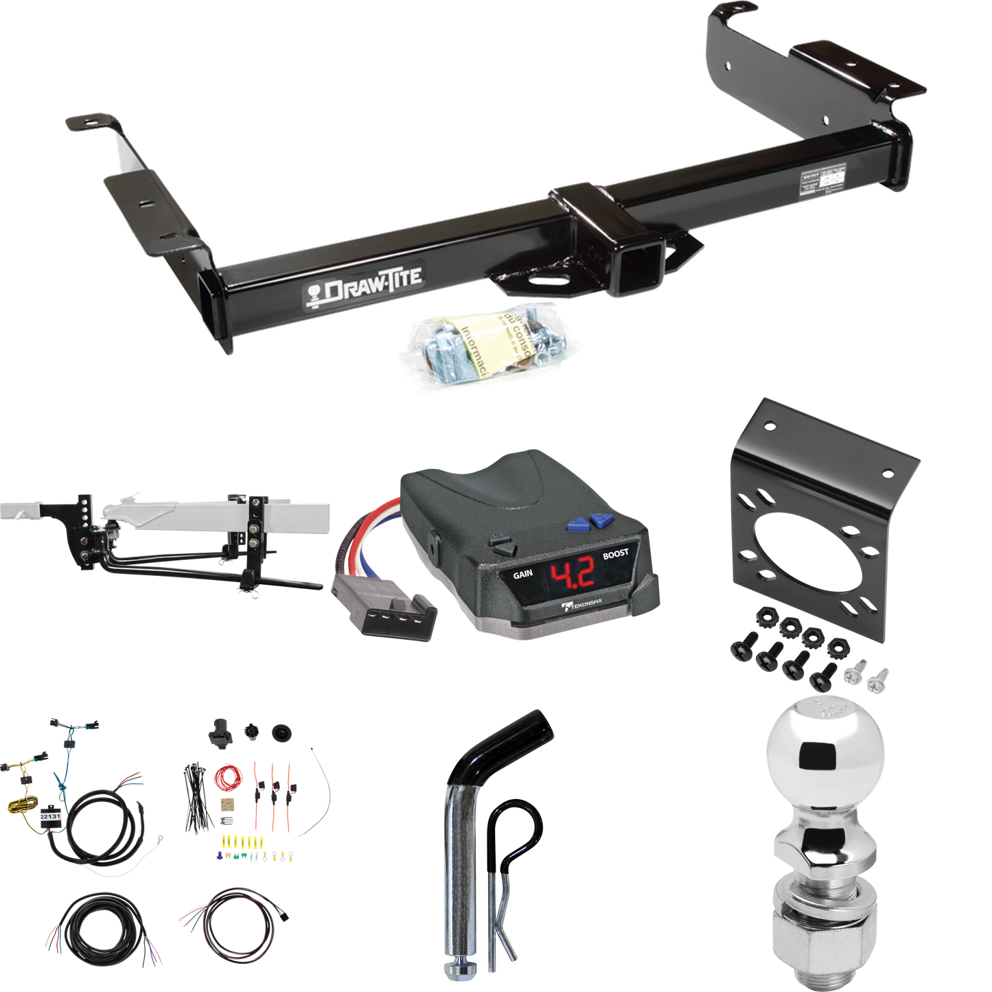 Fits 2003-2023 GMC Savana 3500 Trailer Hitch Tow PKG w/ 8K Round Bar Weight Distribution Hitch w/ 2-5/16" Ball + 2" Ball + Pin/Clip + Tekonsha BRAKE-EVN Brake Control + 7-Way RV Wiring By Draw-Tite