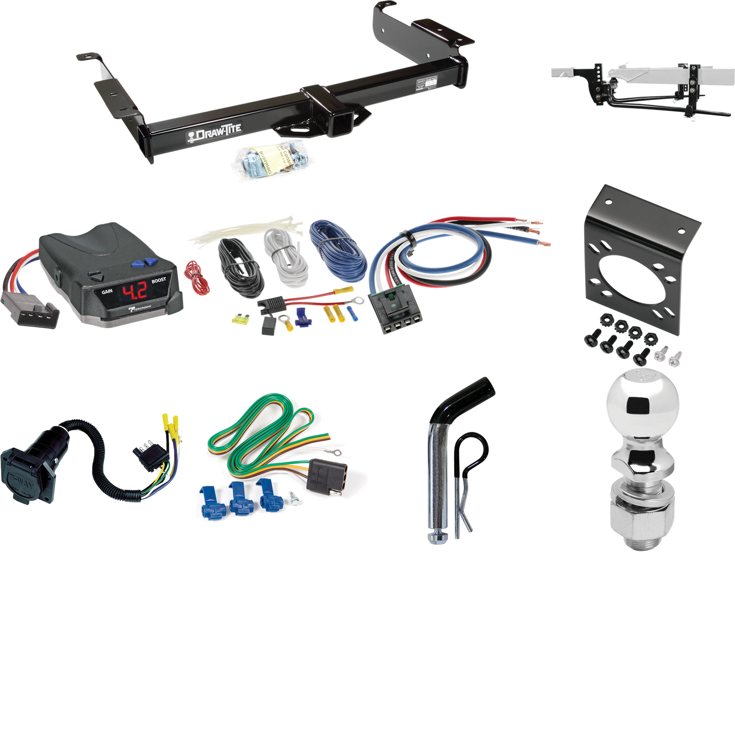 Fits 1996-1999 GMC Savana 2500 Trailer Hitch Tow PKG w/ 8K Round Bar Weight Distribution Hitch w/ 2-5/16" Ball + 2" Ball + Pin/Clip + Tekonsha BRAKE-EVN Brake Control + Generic BC Wiring Adapter + 7-Way RV Wiring By Draw-Tite