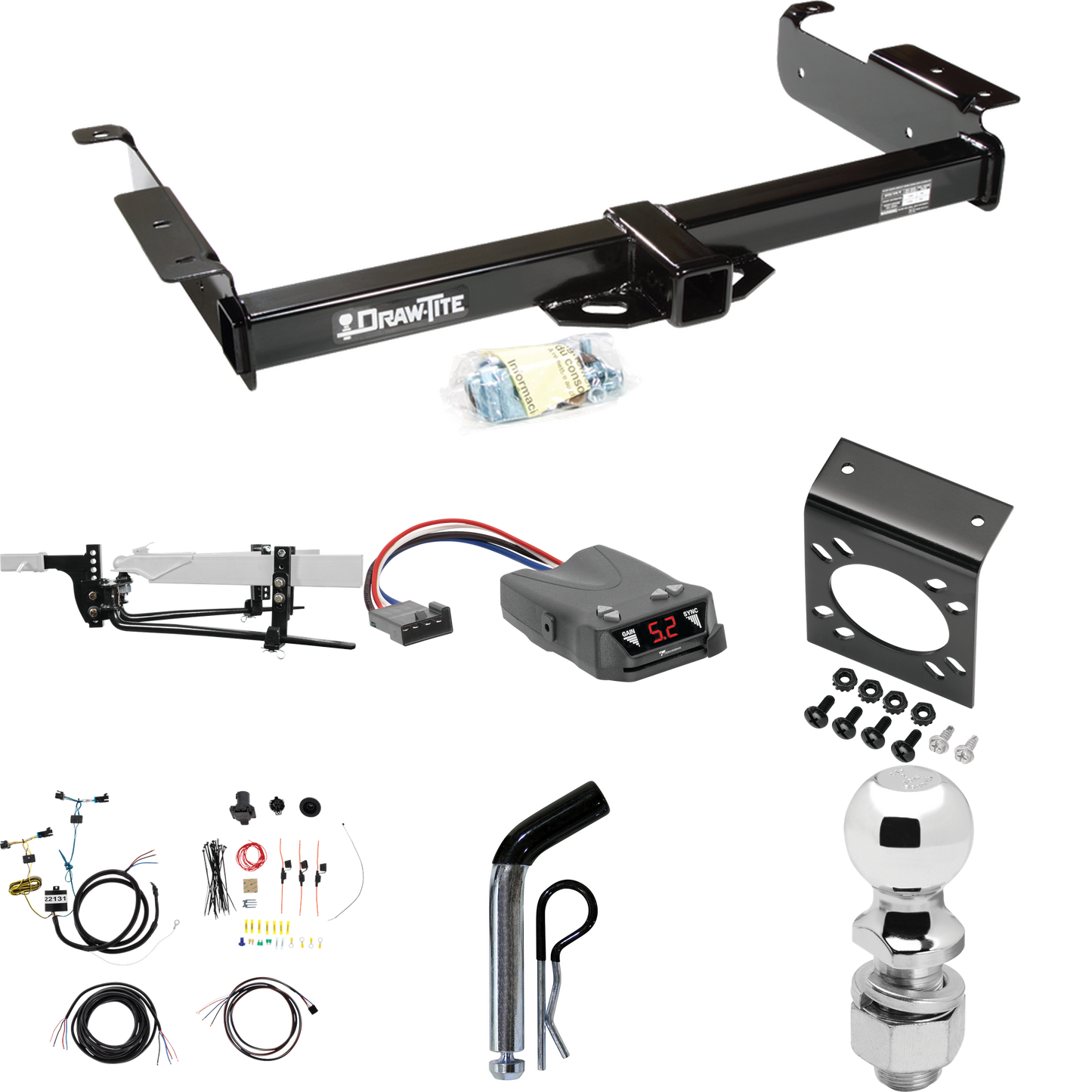 Fits 2003-2023 Chevrolet Express 3500 Trailer Hitch Tow PKG w/ 8K Round Bar Weight Distribution Hitch w/ 2-5/16" Ball + 2" Ball + Pin/Clip + Tekonsha Brakeman IV Brake Control + 7-Way RV Wiring By Draw-Tite