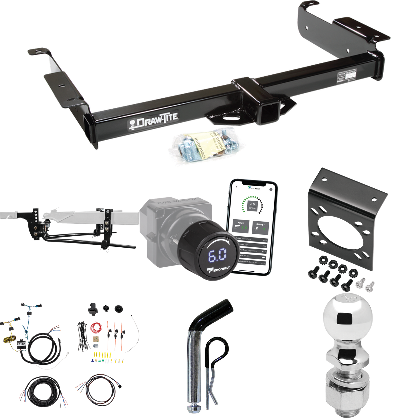 Fits 2003-2023 Chevrolet Express 3500 Trailer Hitch Tow PKG w/ 8K Round Bar Weight Distribution Hitch w/ 2-5/16" Ball + 2" Ball + Pin/Clip + Tekonsha Prodigy iD Bluetooth Wireless Brake Control + 7-Way RV Wiring By Draw-Tite