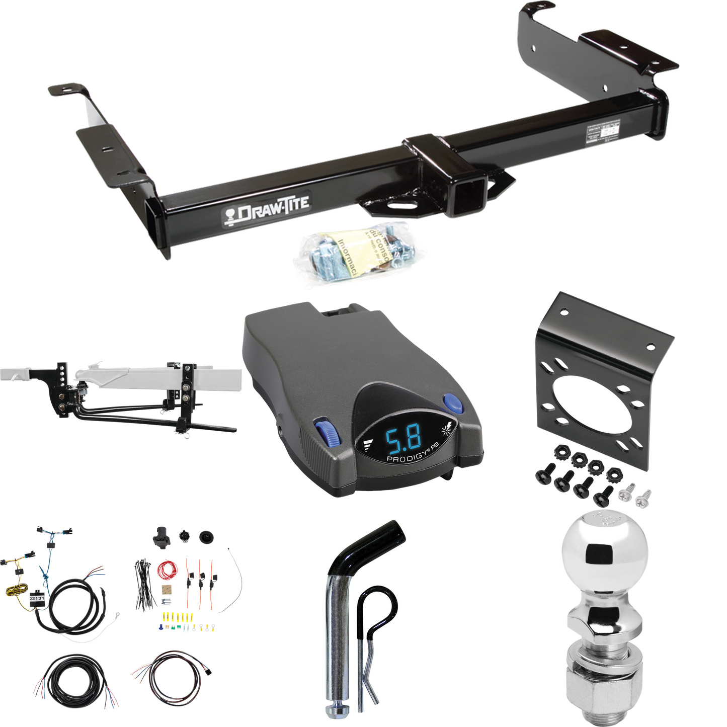 Fits 2003-2023 Chevrolet Express 3500 Trailer Hitch Tow PKG w/ 8K Round Bar Weight Distribution Hitch w/ 2-5/16" Ball + 2" Ball + Pin/Clip + Tekonsha Prodigy P2 Brake Control + 7-Way RV Wiring By Draw-Tite